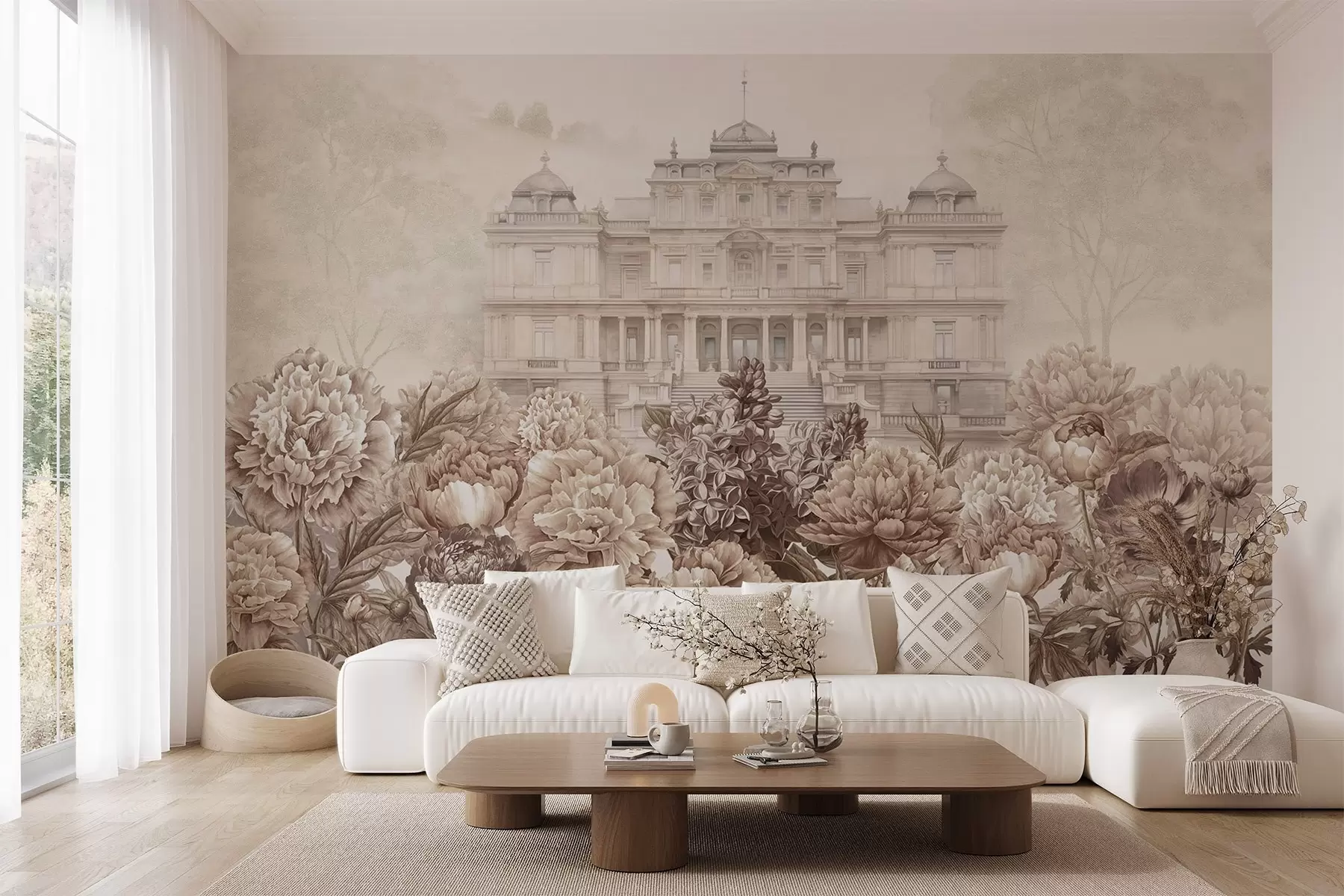 Fototapeta Pałac królewski z ogrodem piwonii, styl akwareli, natura, beżowe kolory, boho w03552