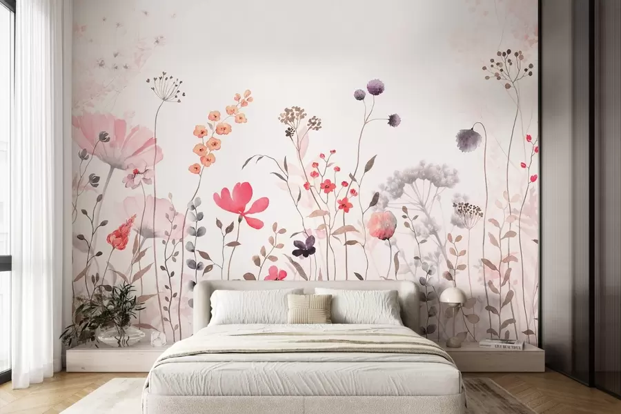 Fototapeta Akwarelowe kwiaty z makami, chryzantemami, mniszkiem lekarskim i trawą w08956