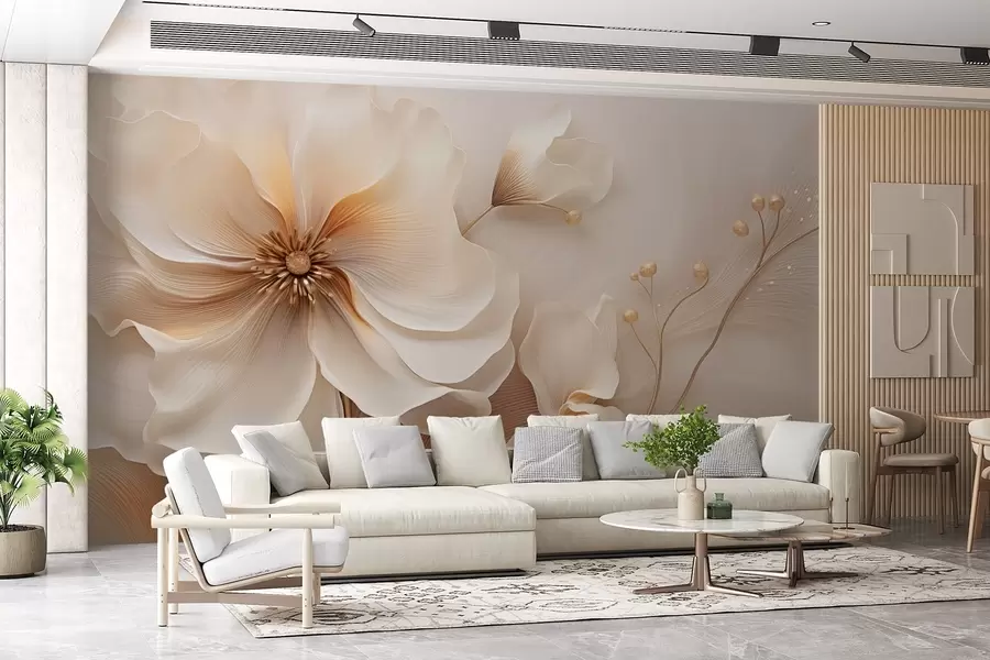 Fototapeta Beżowe i jasnobrązowe dzikie trawy z kwiatami w odcieniach beżu w08960