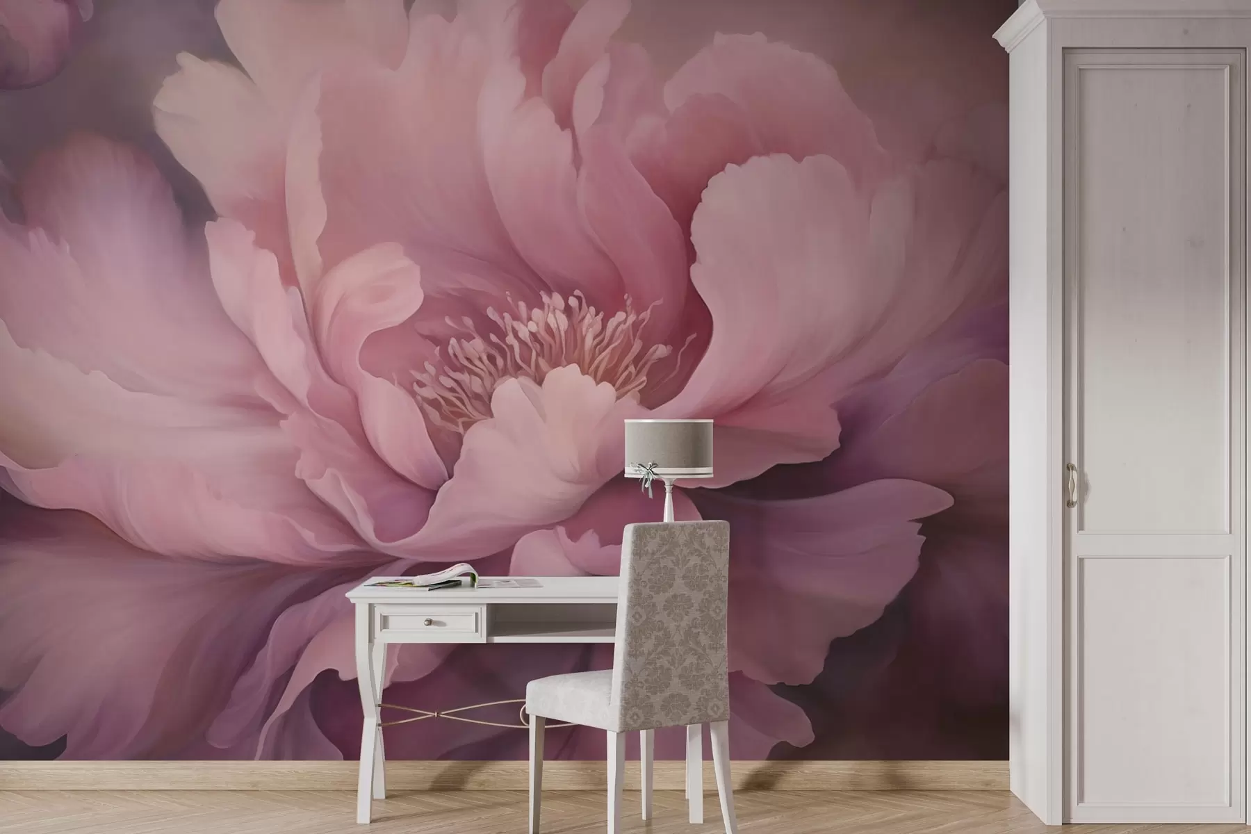 Fototapeta Pastelowy różowy kwiat piwonii na mglistym tle w03600