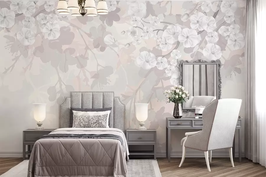 Fototapeta Gałązki wiśni z białymi kwiatami i szarymi liśćmi, na eleganckich kwiatowych sylwetkach w delikatnych pastelowych kolorach w08973v1