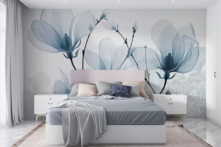 Fototapeta Przezroczyste niebieskie kwiaty magnolii z sylwetkami kwiatów o delikatnych płatkach i ciemnych łodygach w08978