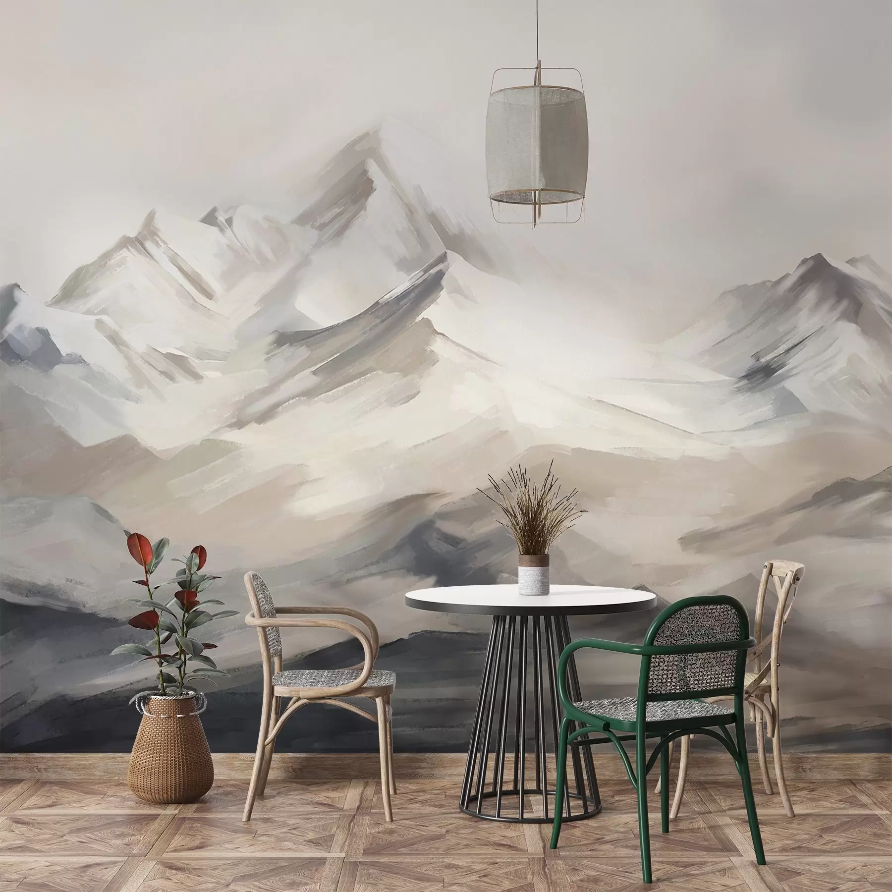 Fototapeta Krajobraz górski z jasnym niebem, pociągnięcia pędzla, neutralne beżowe i szare kolory, pasmo górskie  w08980