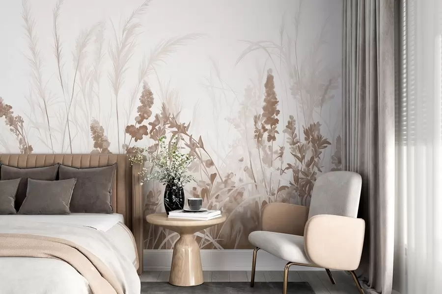 Fototapeta Brązowe kwiaty i beżowe trzciny na polu, minimalistyczna tekstura obrazu, jasne tło, miękkie kolory, delikatne pociągnięcia pędzla  w08982v1