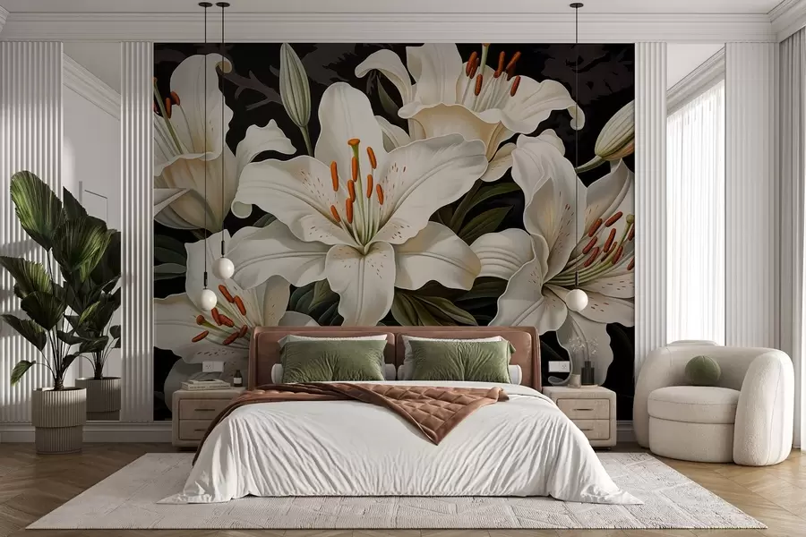 Fototapeta Eleganckie duże białe kwiaty na ciemnym tle w08983