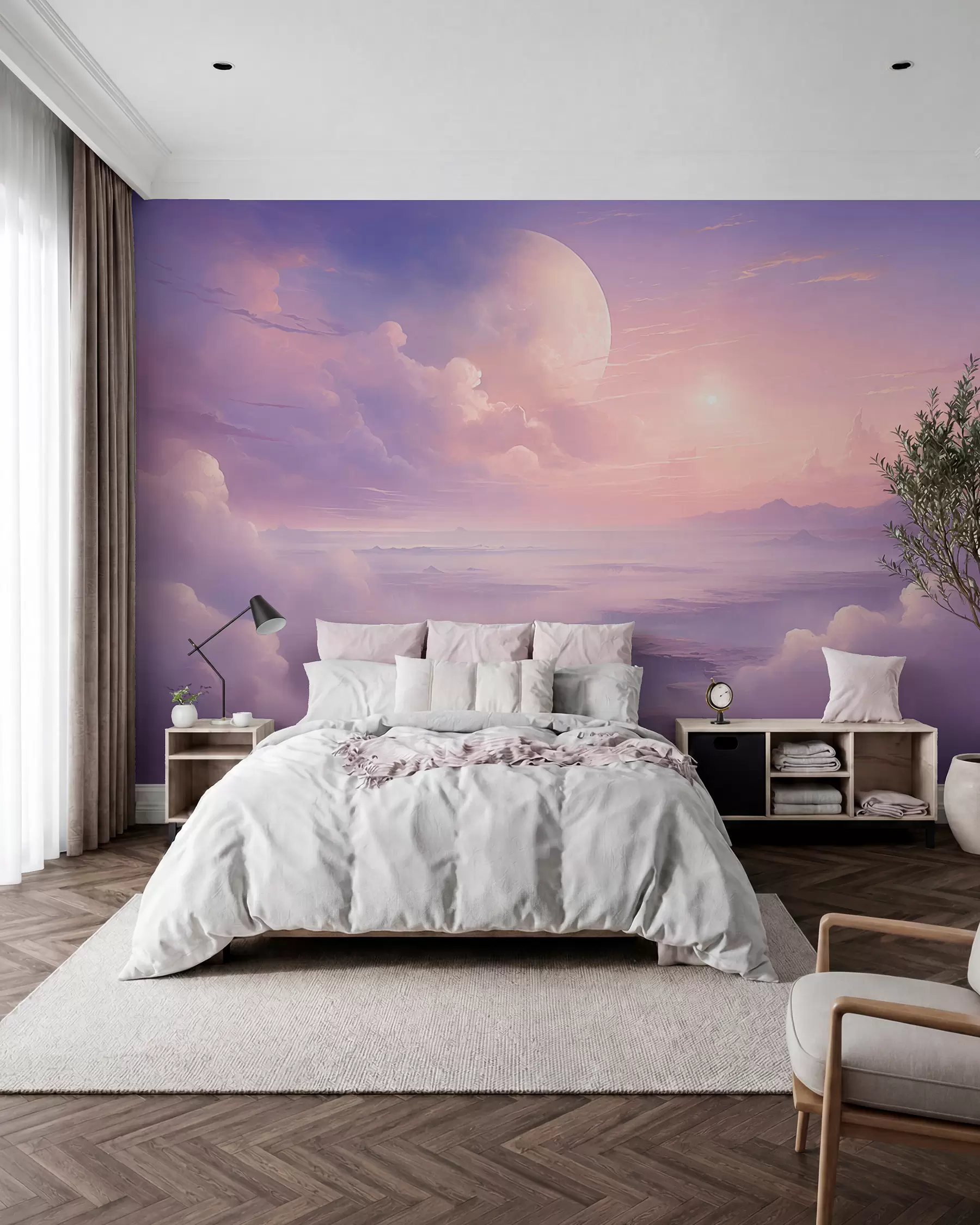 Fototapeta Magiczne fioletowo-różowe niebo z księżycem i chmurami w08986