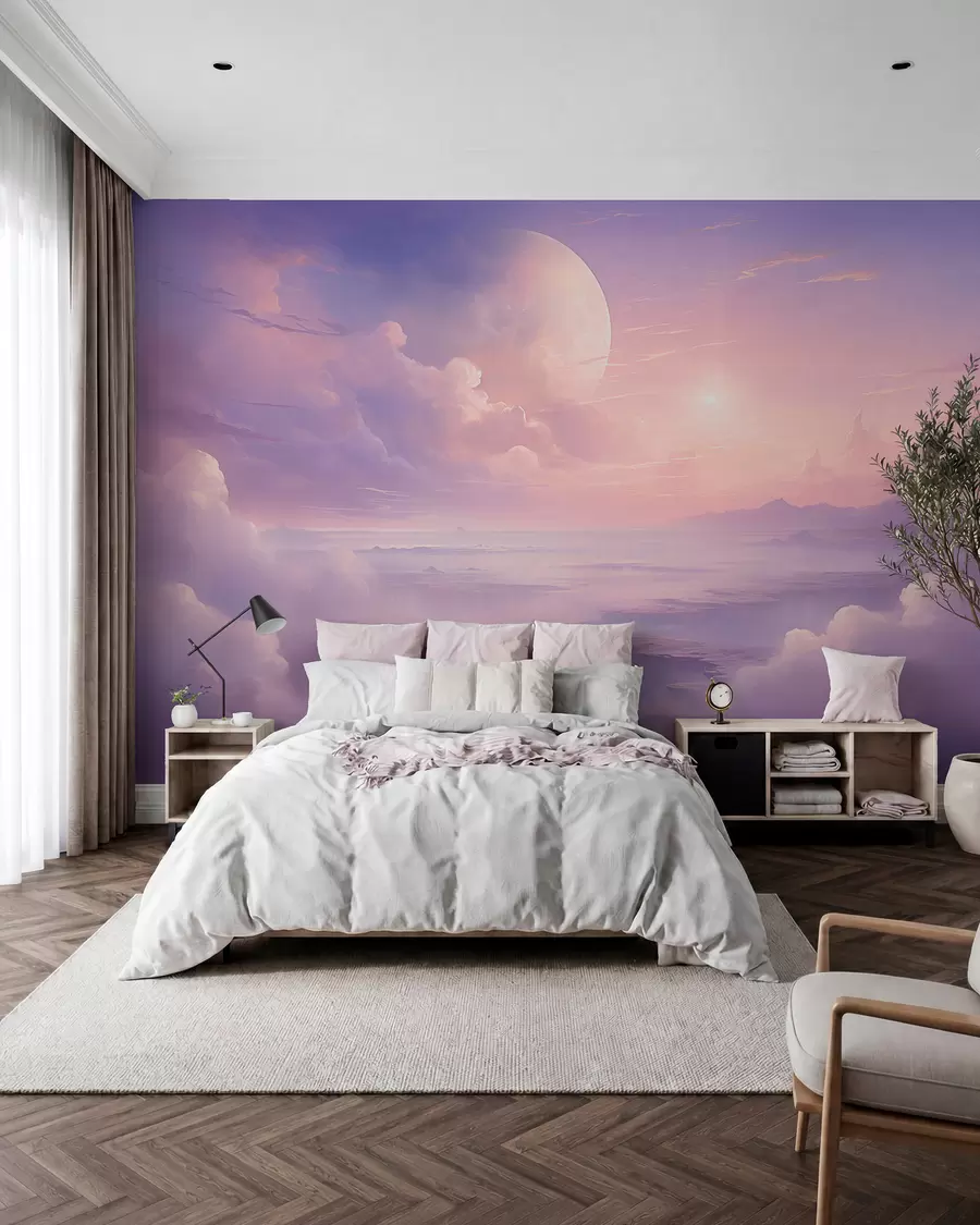 Fototapeta Magiczne fioletowo-różowe niebo z księżycem i chmurami w08986
