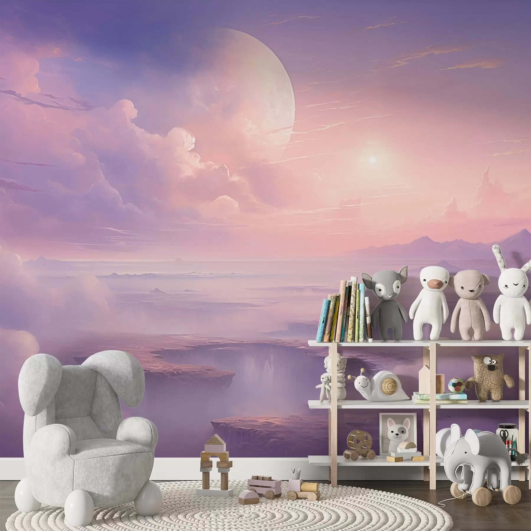 Obraz Magiczne fioletowo-różowe niebo z księżycem i chmurami w08986