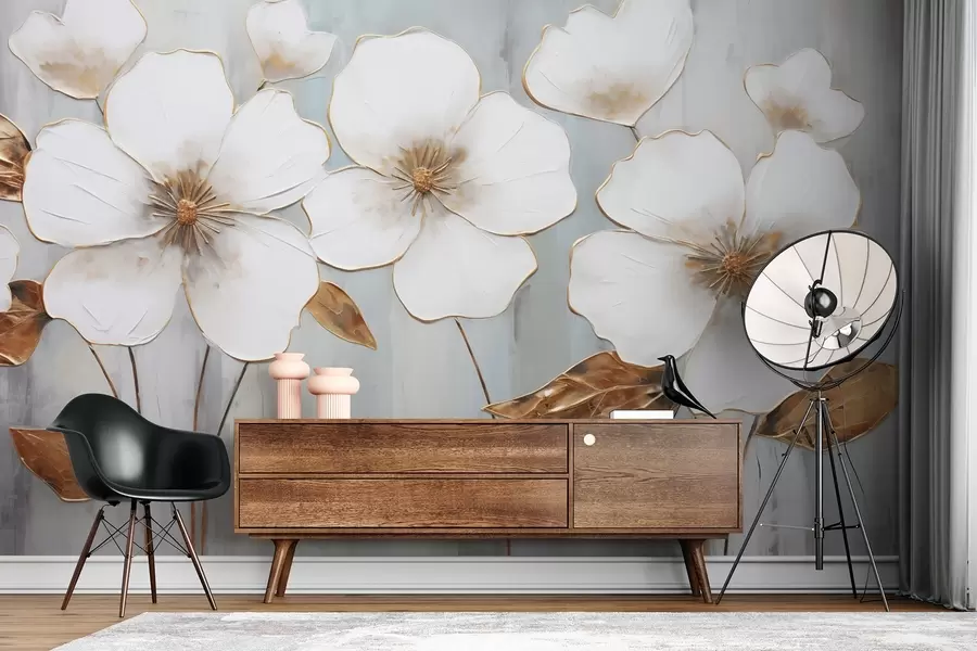 Fototapeta Duże białe kwiaty z żółtymi akcentami liści na szarym tle w08999