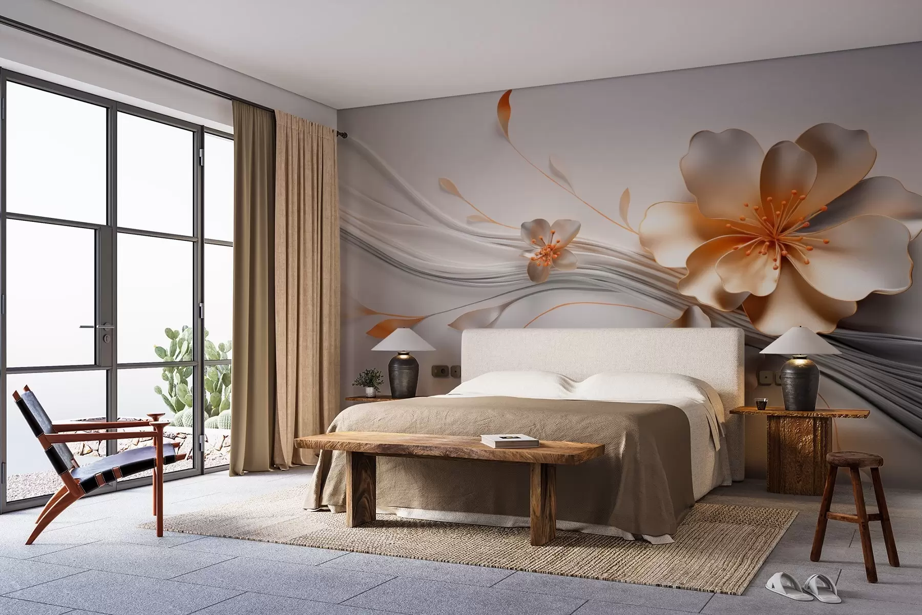 Fototapeta Pomarańczowy kwiat na szarym abstrakcyjnym tle w09004