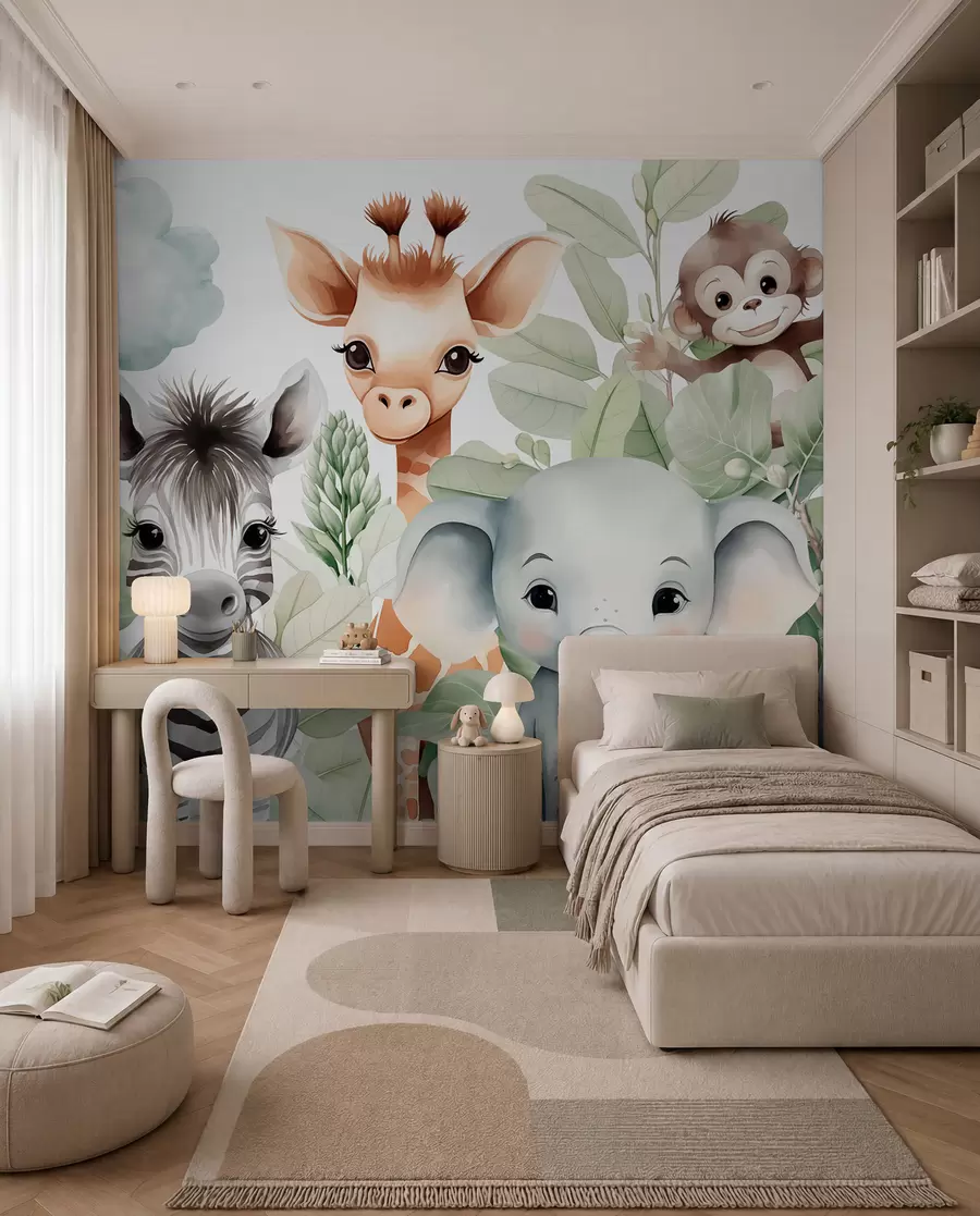 Fototapeta Żyrafa, zebra, słoń i małpa wśród liści w03677