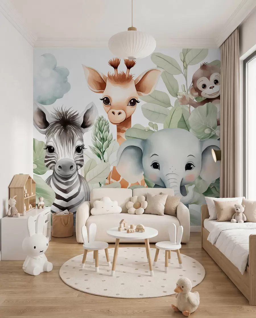 Fototapeta Żyrafa, zebra, słoń i małpa wśród liści w03677