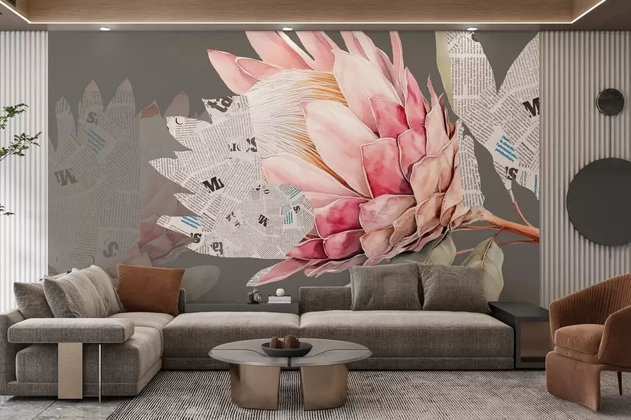 Fototapeta Kwiaty protea, grafika w gazecie, kwiatowy, tropikalny, zielone tło w03667v1