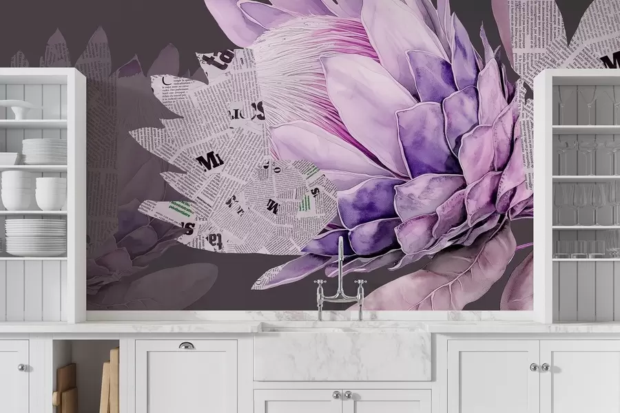 Fototapeta Kwiaty protea, grafika w gazecie, kwiatowy, tropikalny, ciemne tło, fioletowe kolory w03667v2