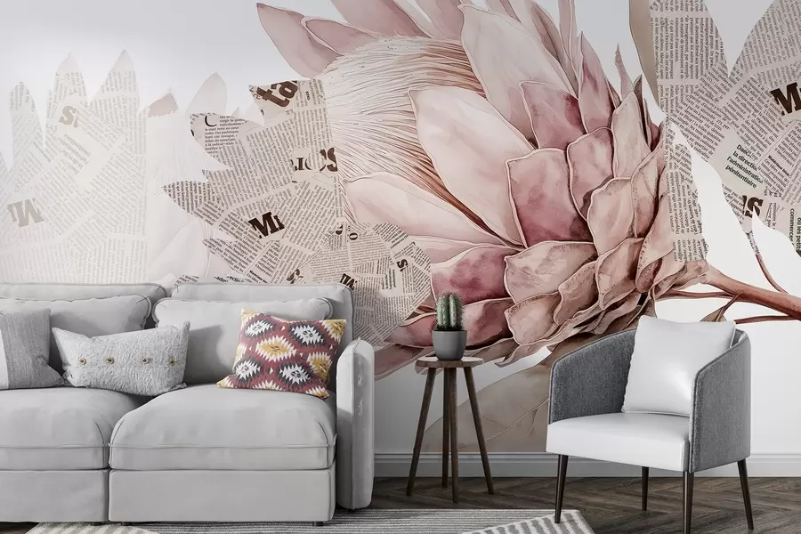 Fototapeta Kwiaty protea, grafika w gazecie, kwiatowe, tropikalne, pastelowe beżowe kolory w03667v4