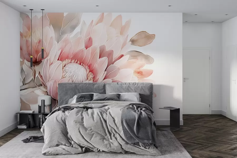 Fototapeta Piękne kwiaty protea, rysunek liniowy, tropikalne, naturalne kolory w03669