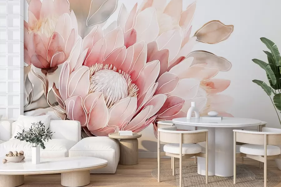 Fototapeta Piękne kwiaty protea, rysunek liniowy, tropikalne, naturalne kolory w03669