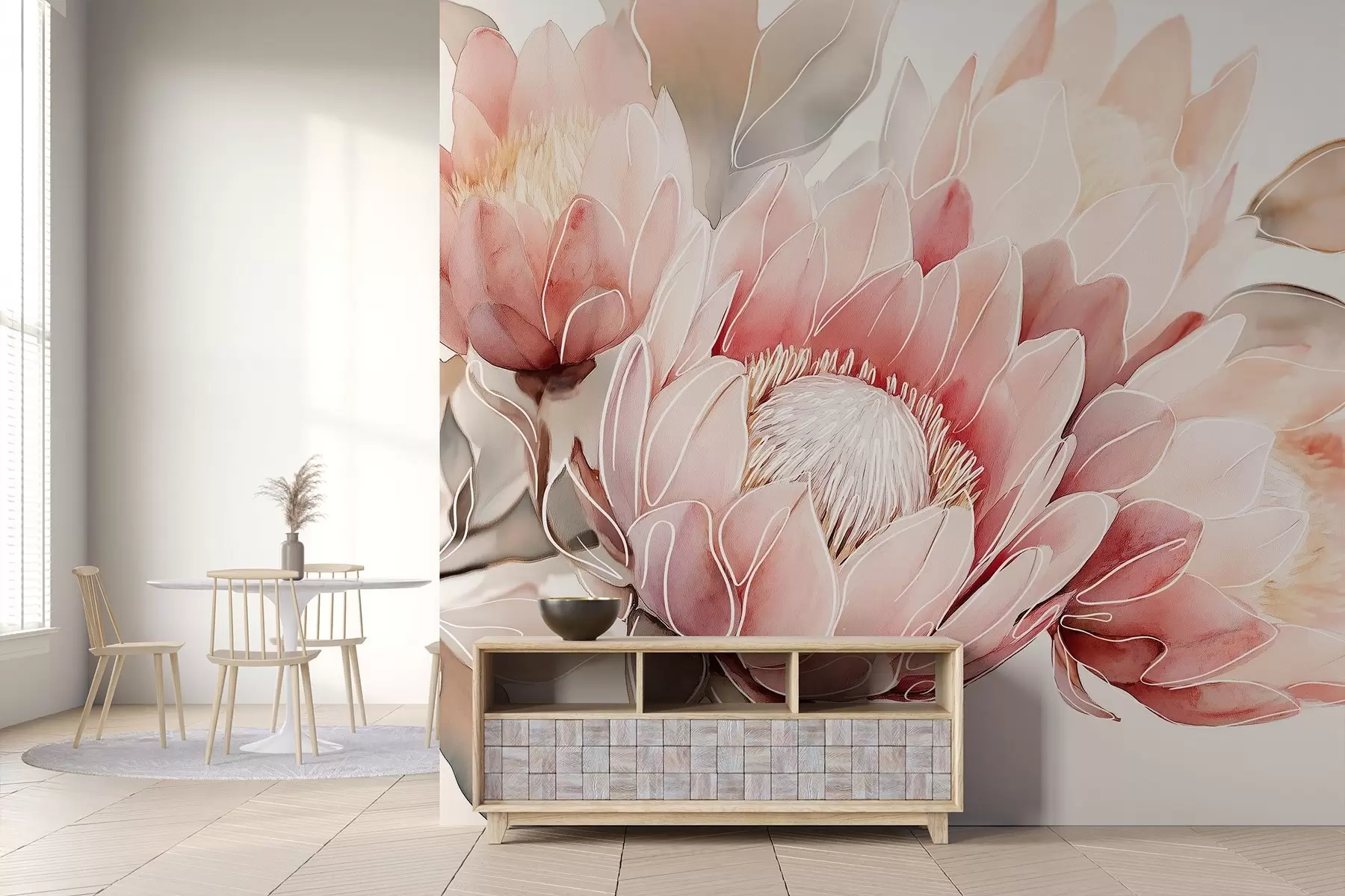 Fototapeta Piękne kwiaty protea, rysunek liniowy, tropikalne, naturalne kolory w03669