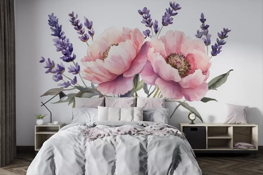 Fototapeta Piwonie w stylu akwareli, lawenda, kwiaty, naturalne kolory w03671