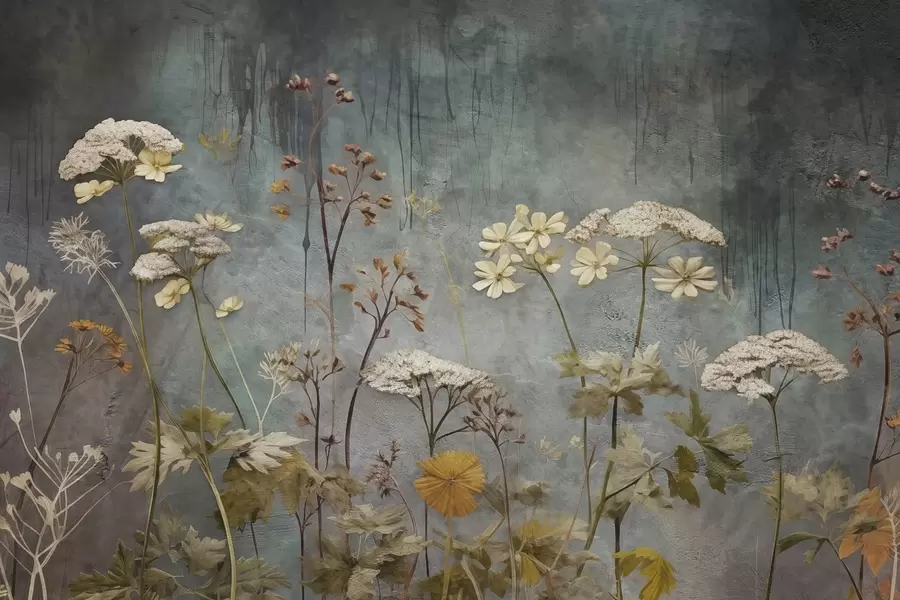 Fototapeta Dzikie kwiaty i trawy na tle grunge'owej ściany w03697