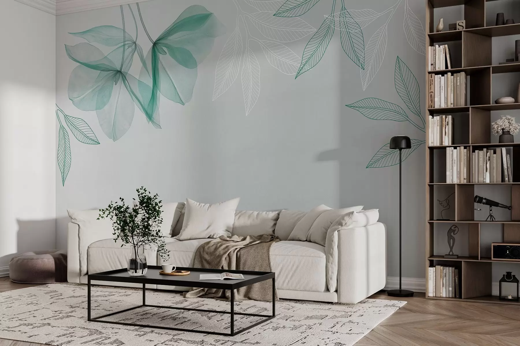 Fototapeta delikatne, półprzezroczyste kwiaty i liście w odcieniach zieleni w03616v1