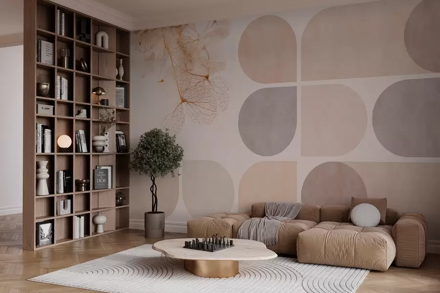 Fototapeta geometria i suszone kwiaty z żyłkami w odcieniach beżu w03617