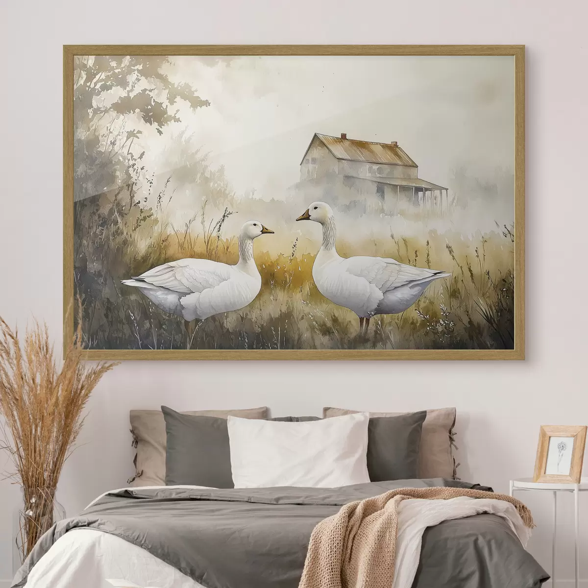 Plakat Gęsi w stylu akwareli na polu, wieś, rustykalny f44024