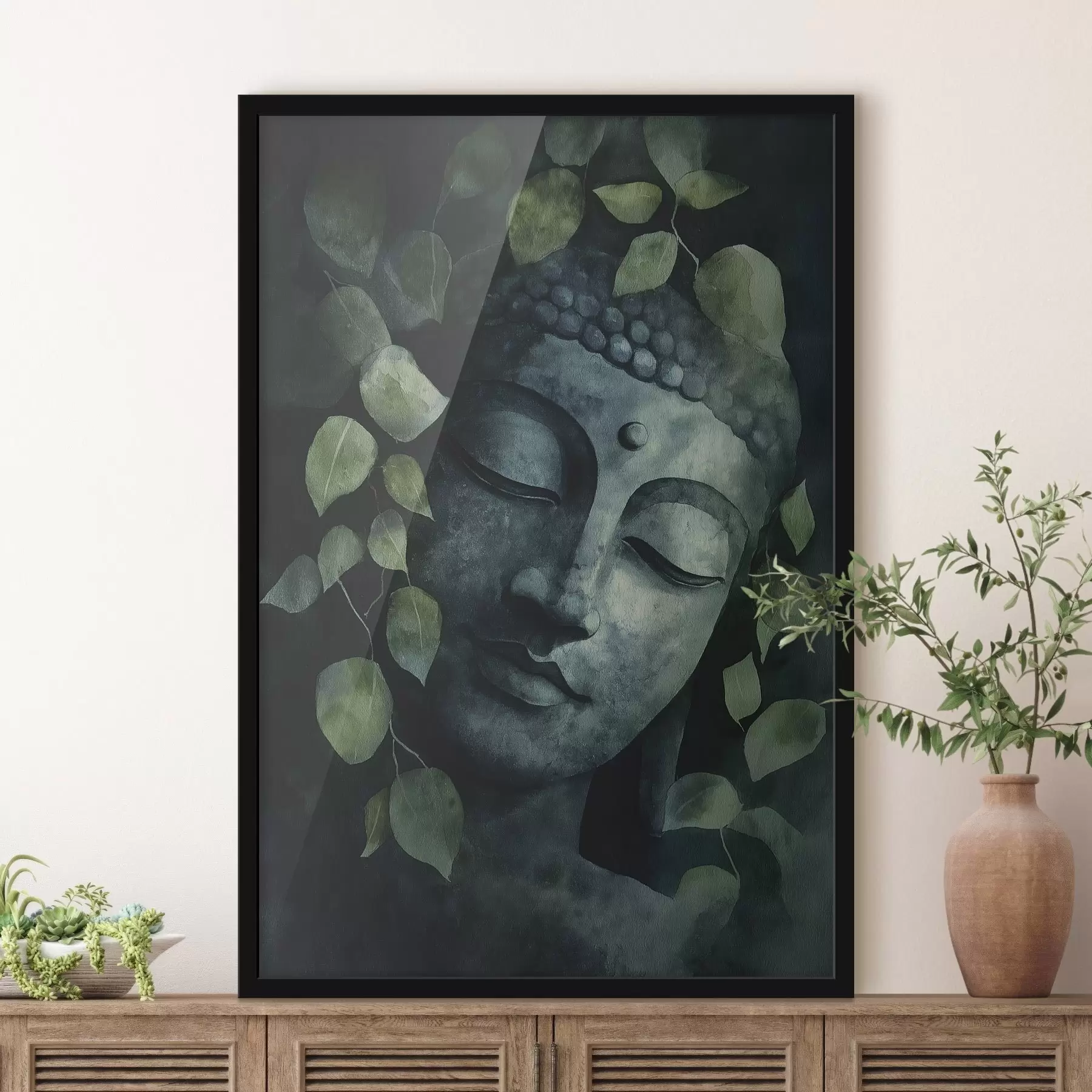 Fototapeta Budda z zamkniętymi oczami, medytacja, zielone kolory f44030