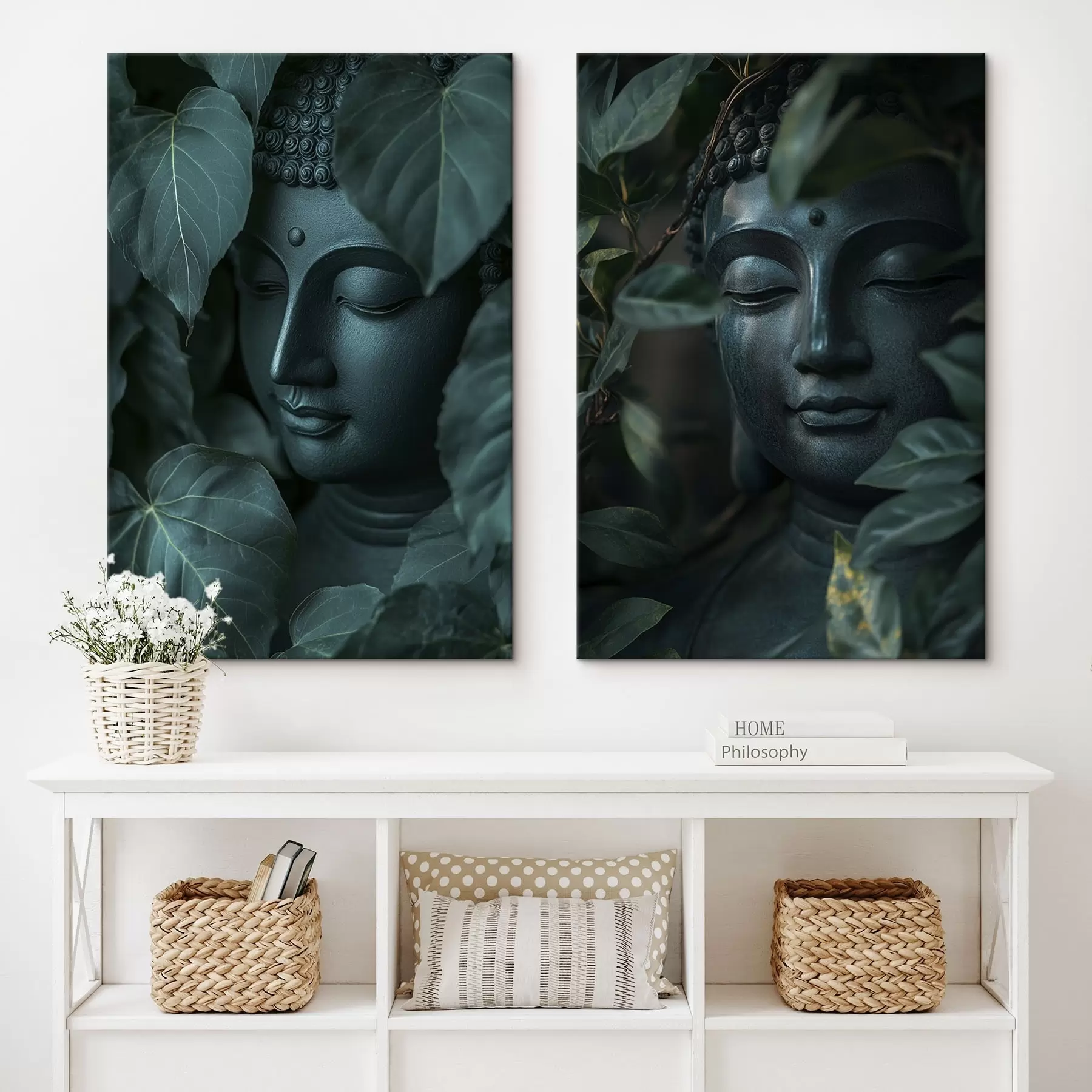 Obraz Medytacyjny Budda w zielonych liściach, buddyzm, tropikalny, realizm m00447