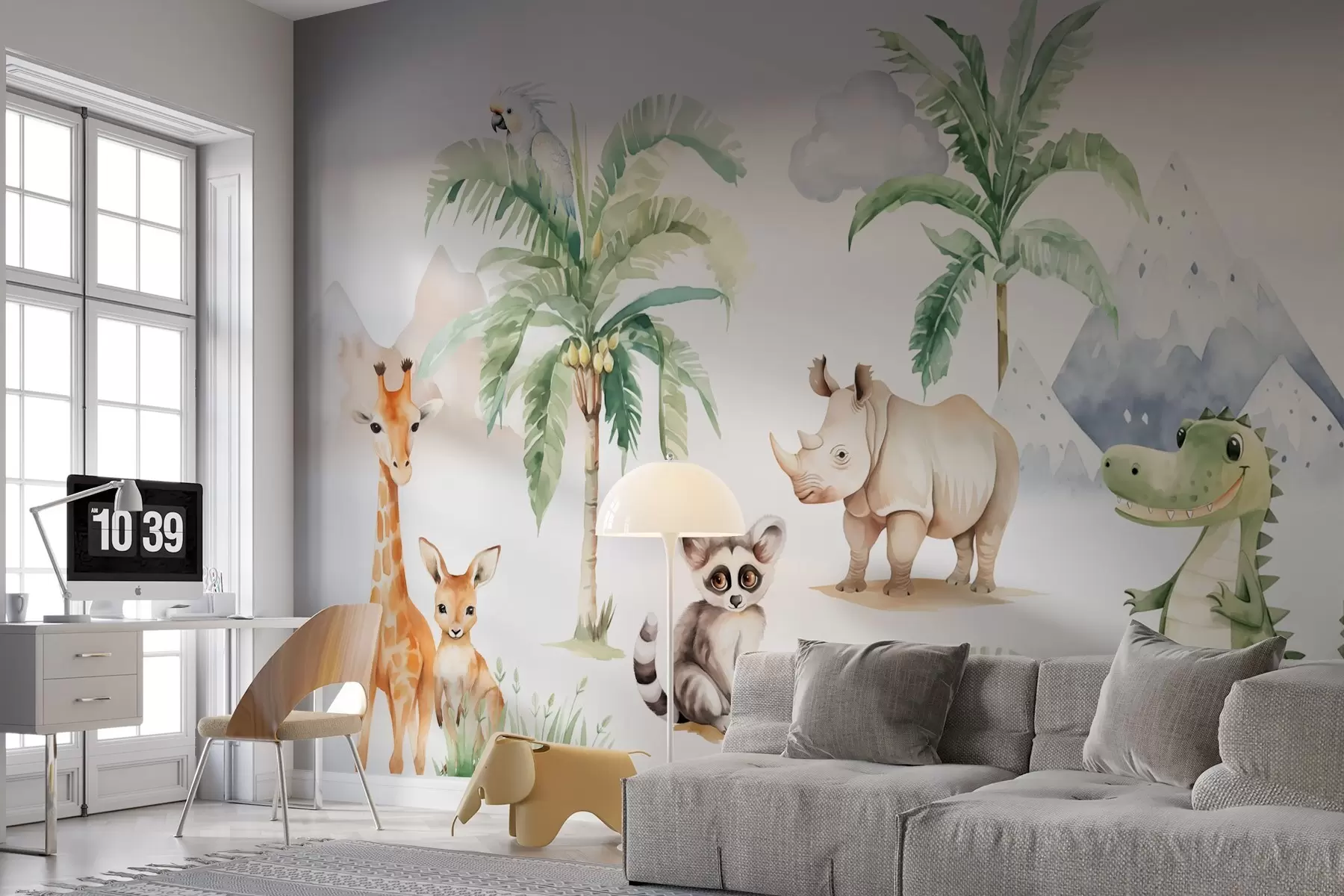 Fototapeta Tropikalne zwierzęta w pobliżu palm imitacja akwareli w03740