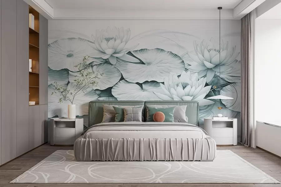 Fototapeta Lilie wodne i płatki lilii w stawie, turkusowa i biała imitacja rysunku ołówkiem, szczegółowa ilustracja botaniczna, sztuka natury w09006v1