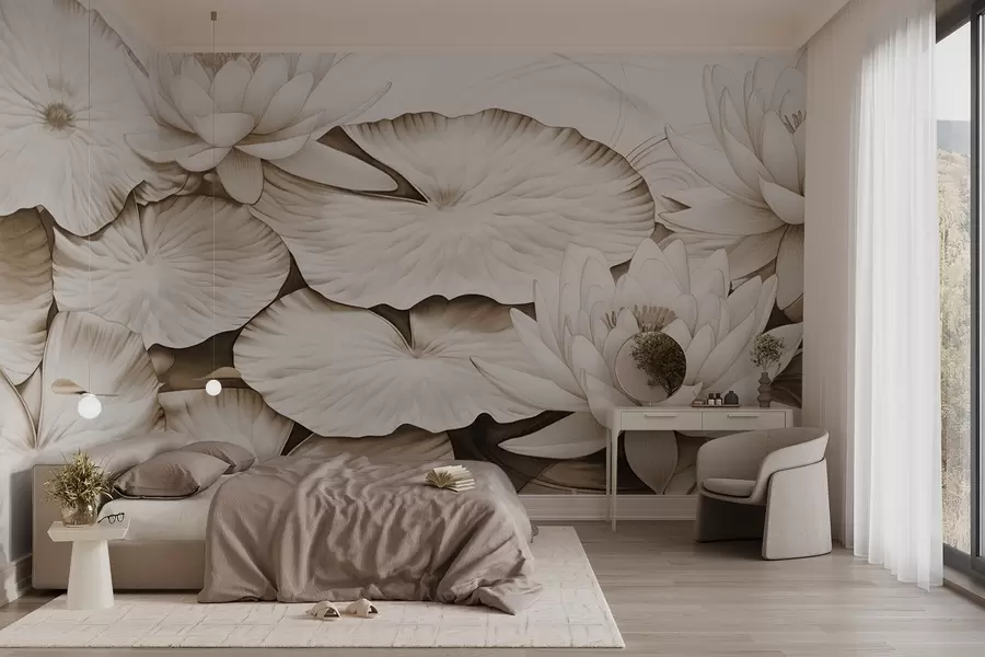 Fototapeta Lilie wodne i płatki lilii w stawie, brązowo-biała imitacja rysunku ołówkiem, szczegółowa ilustracja botaniczna, sztuka natury w09006v2