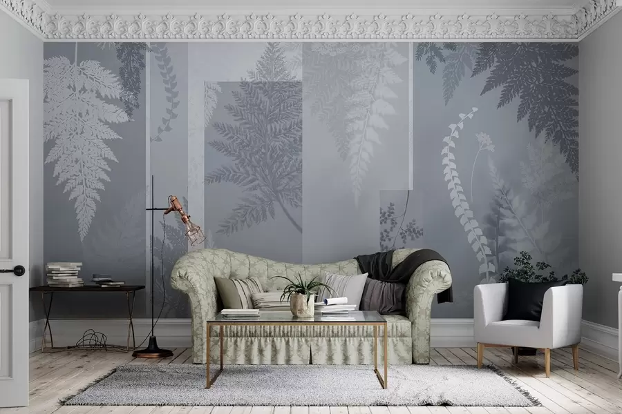 Fototapeta Liście paproci w kolorze niebieskim i białym, ułożone w pionowe paski, tworząc botaniczny i minimalistyczny nadruk, w delikatnych i stonowanych kolorach w09007v1