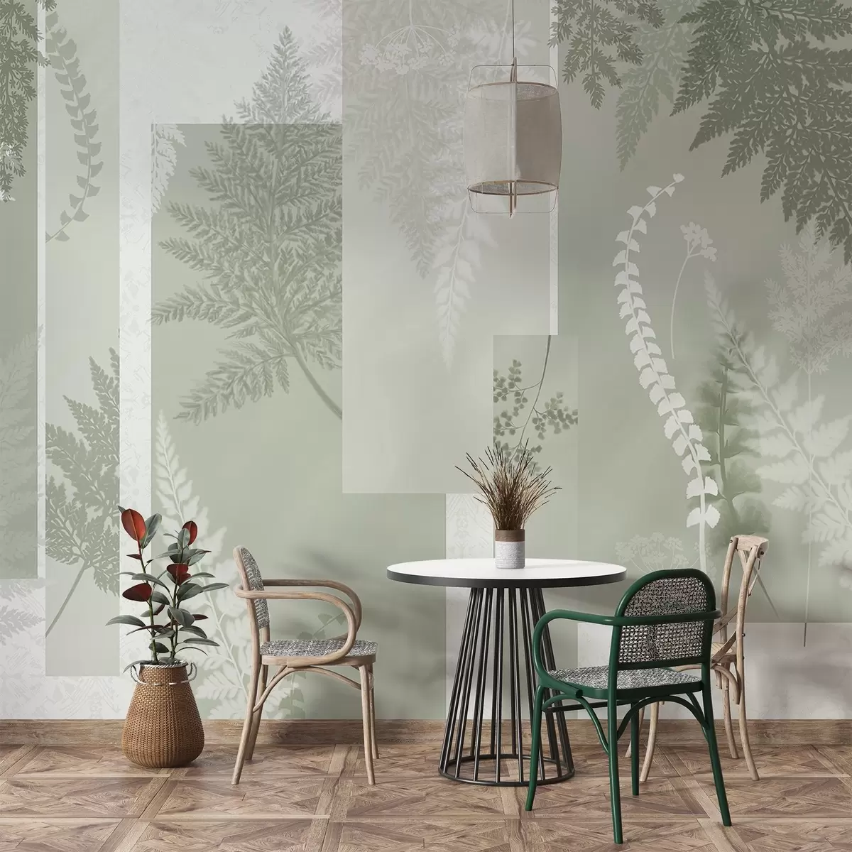 Fototapeta Liście paproci w kolorze zielonym i białym, ułożone w pionowe paski, tworząc botaniczny i minimalistyczny nadruk, w delikatnych i stonowanych kolorach w09007v2