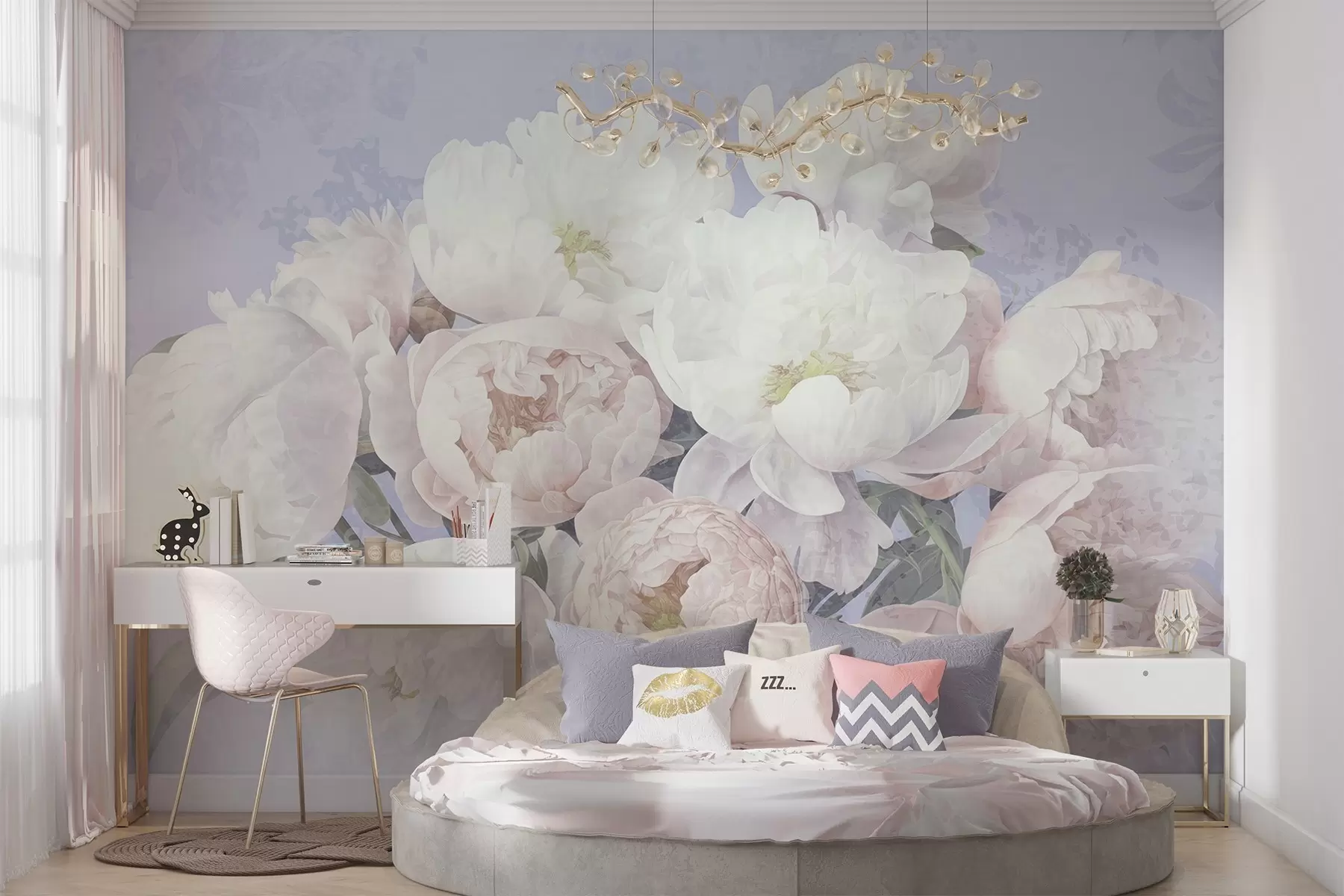 Fototapeta Teksturowane abstrakcyjne brzoskwinie i białe piwonie z zielonymi liśćmi, jasne tło, miękkie i delikatne kolory, styl vintage w09008v1