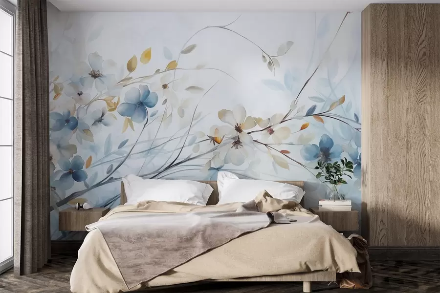 Fototapeta Aranżacja kwiatowa z niebieskimi, pomarańczowymi liśćmi i białymi kwiatami, delikatne płatki, cienkie gałązki, delikatne kolory, efekt akwareli w09009