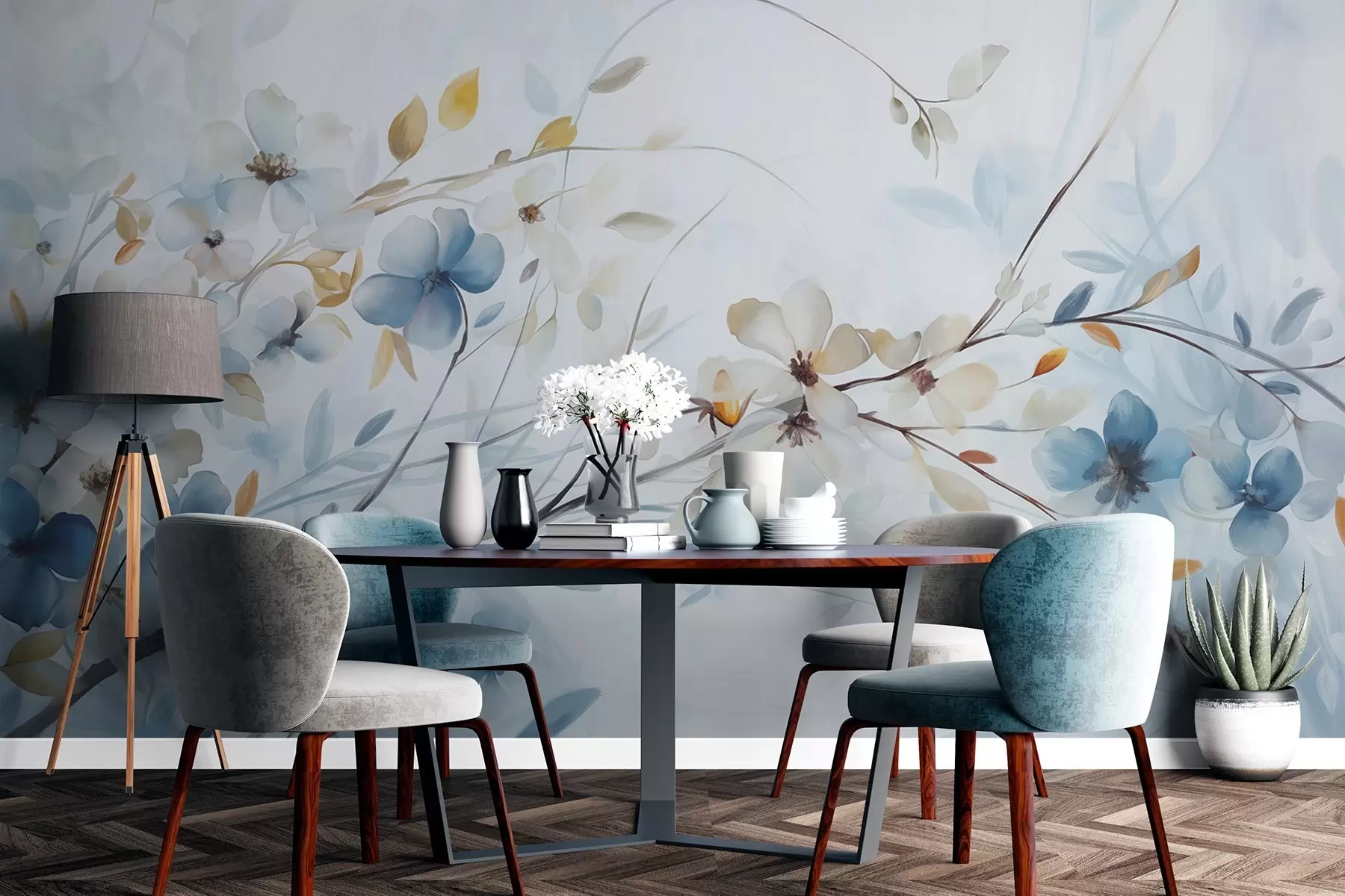 Fototapeta Aranżacja kwiatowa z niebieskimi, pomarańczowymi liśćmi i białymi kwiatami, delikatne płatki, cienkie gałązki, delikatne kolory, efekt akwareli w09009