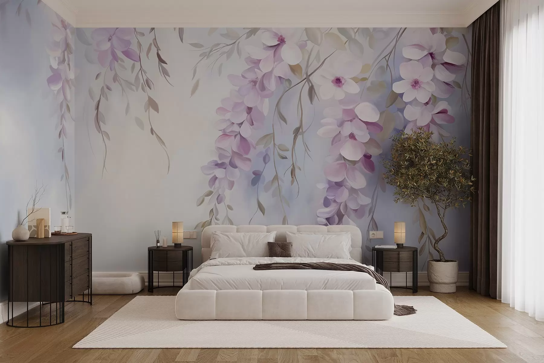 Fototapeta Kwiaty glicynii z liliowymi płatkami i zielonymi liśćmi zwisającymi z gałęzi, delikatne pastelowe kolory, pastelowe tło w09010