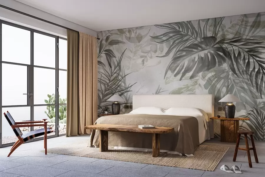 Fototapeta Monstera i liście palmy w odcieniach zieleni i szarości, botaniczne, tropikalne liście, rośliny dżungli, teksturowane tło w09011