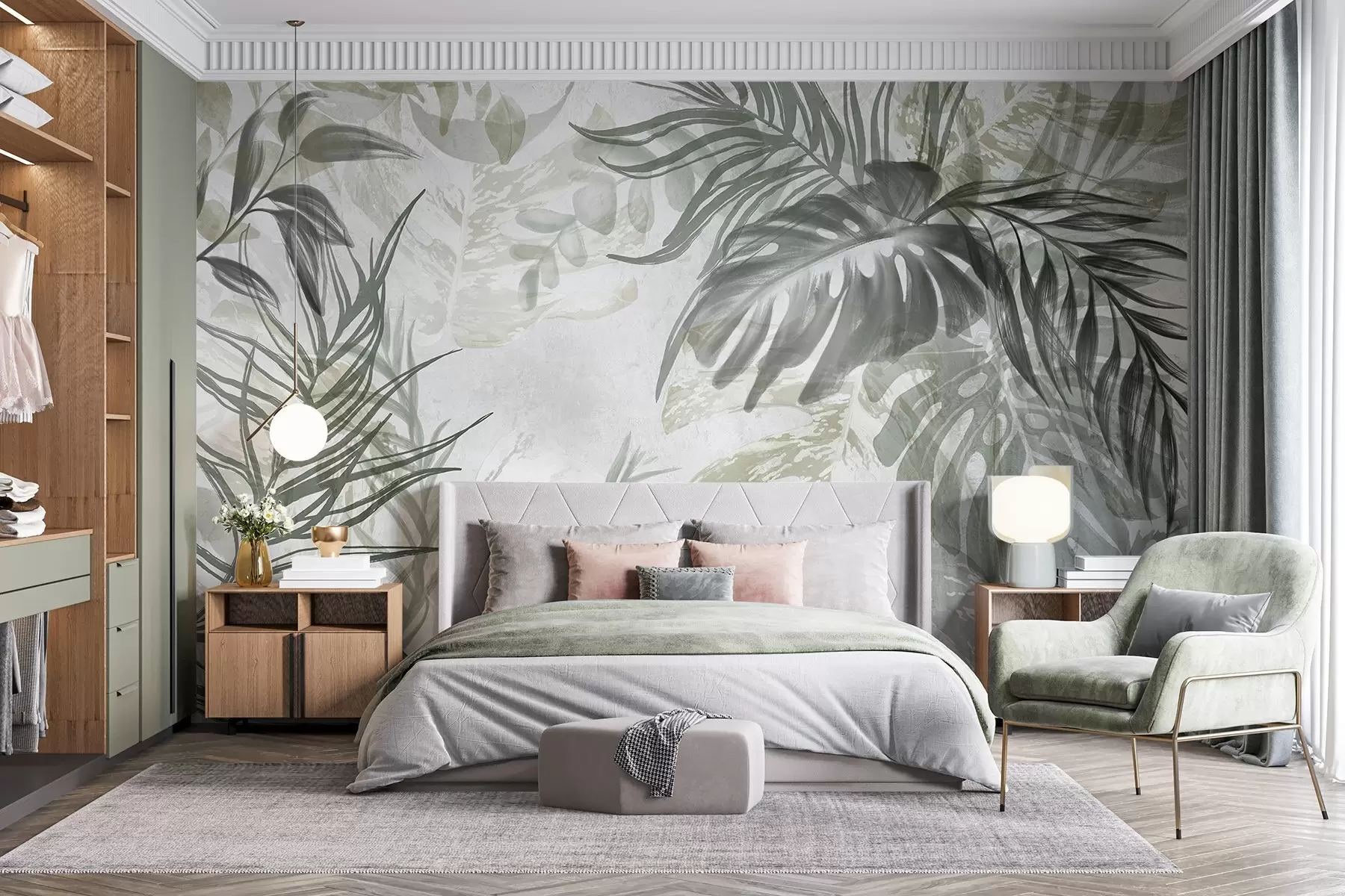 Fototapeta Monstera i liście palmy w odcieniach zieleni i szarości, botaniczne, tropikalne liście, rośliny dżungli, teksturowane tło w09011