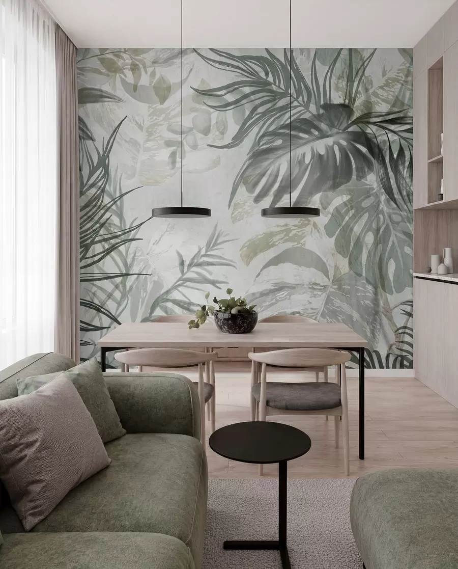Fototapeta Monstera i liście palmy w odcieniach zieleni i szarości, botaniczne, tropikalne liście, rośliny dżungli, teksturowane tło w09011