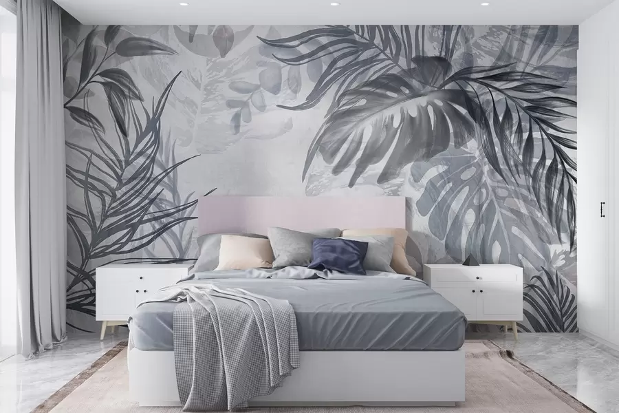 Fototapeta Monstera i liście palmy w odcieniach niebieskiego i szarego, botaniczne, tropikalne liście, rośliny dżungli, teksturowane tło w09011v1