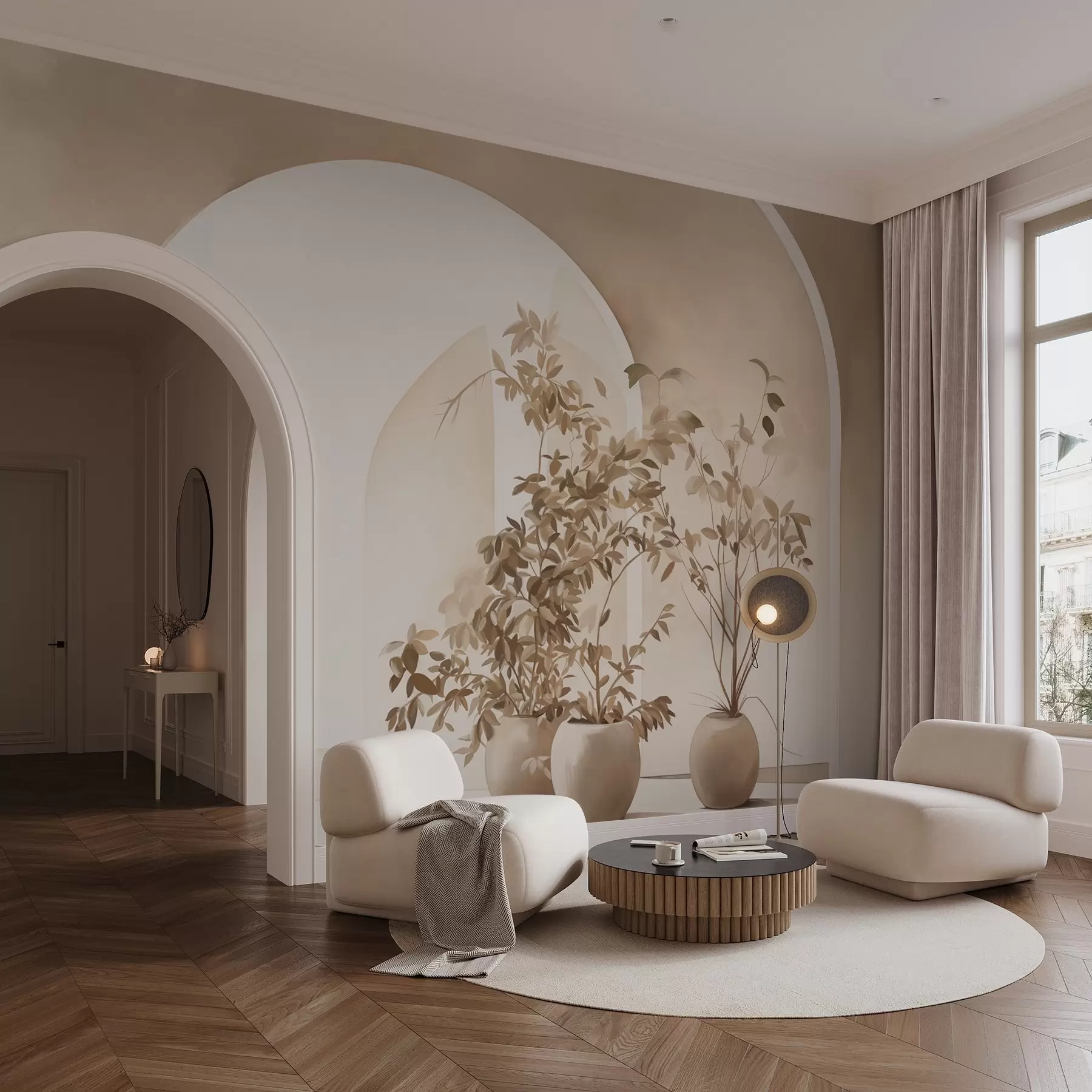 Fototapeta Rośliny w doniczkach w beżowych odcieniach przed abstrakcyjnymi łukami, minimalistyczny styl, eleganckie i czyste, neutralne tło w09013