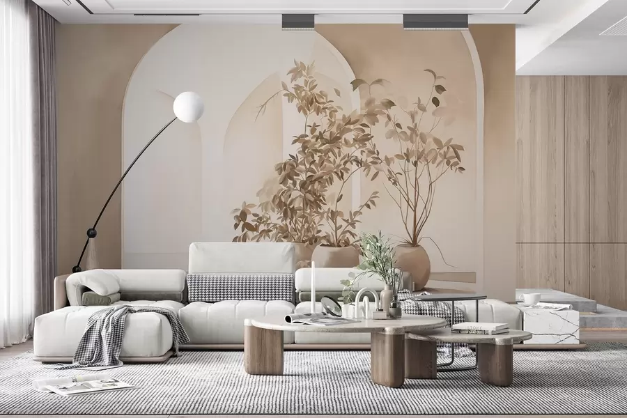 Fototapeta Rośliny w doniczkach w beżowych odcieniach przed abstrakcyjnymi łukami, minimalistyczny styl, eleganckie i czyste, neutralne tło w09013