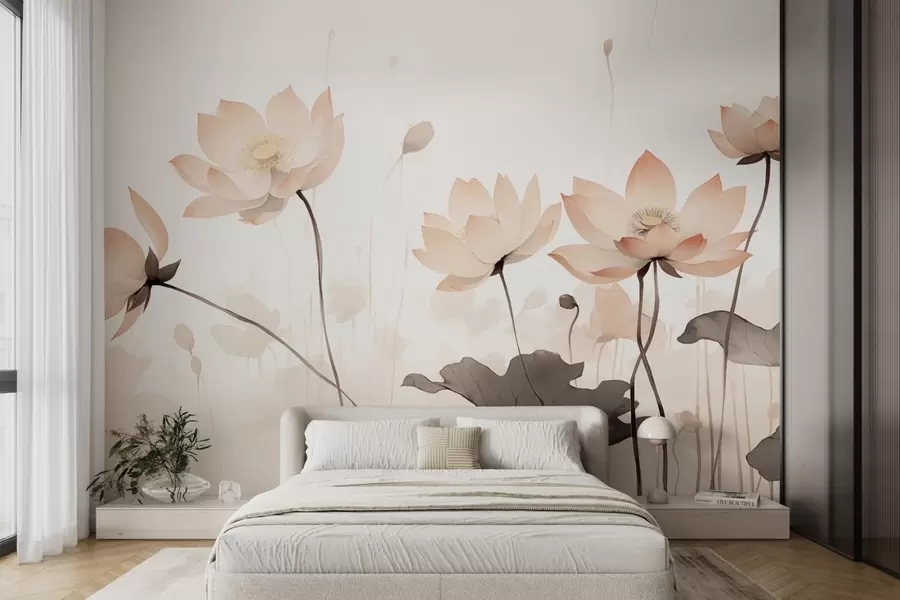 Fototapeta Lilie wodne w delikatnych jasnych odcieniach w stylu akwareli w09035