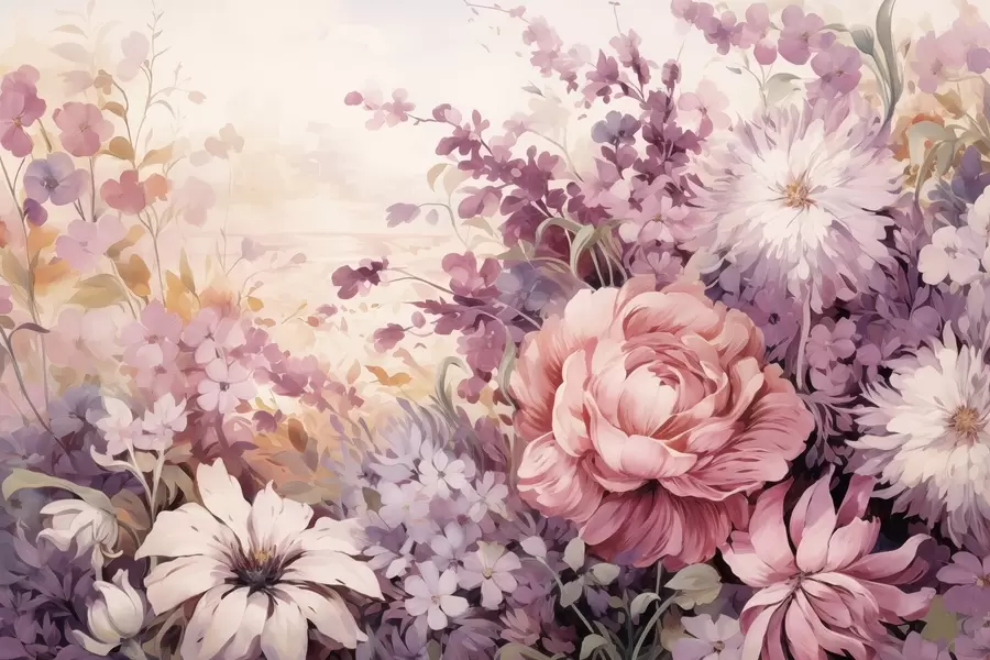 Fototapeta Kolorowe kwiaty w odcieniach różu i fioletu: bzy, piwonie, chryzantemy w09039