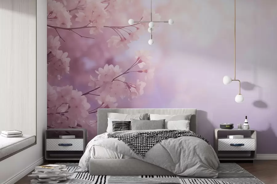 Fototapeta Gałęzie sakury z różowymi kwiatami na pastelowym tle w03804