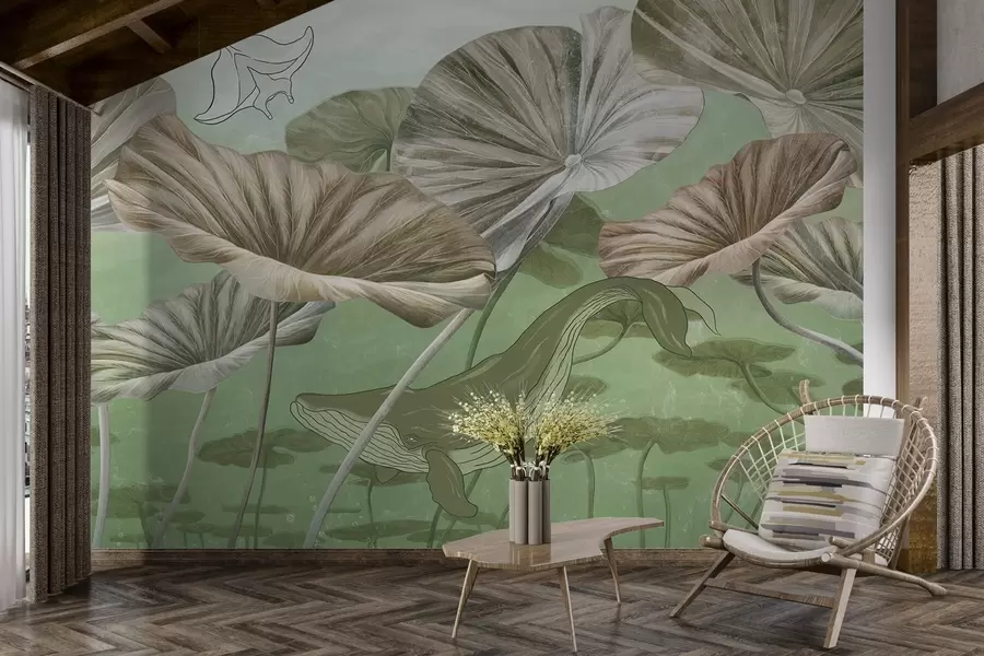 Fototapeta Wieloryb wśród gigantycznych lotosów w zielonej wodzie w03807