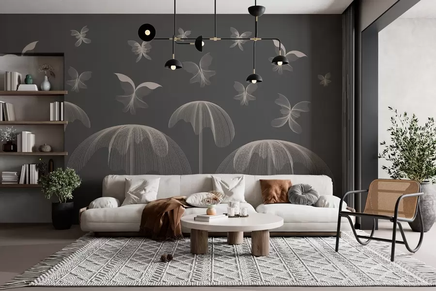 Fototapeta minimalistyczna liniowa tapeta motyle i fontanny na ciemnoszarym tle w03762v1