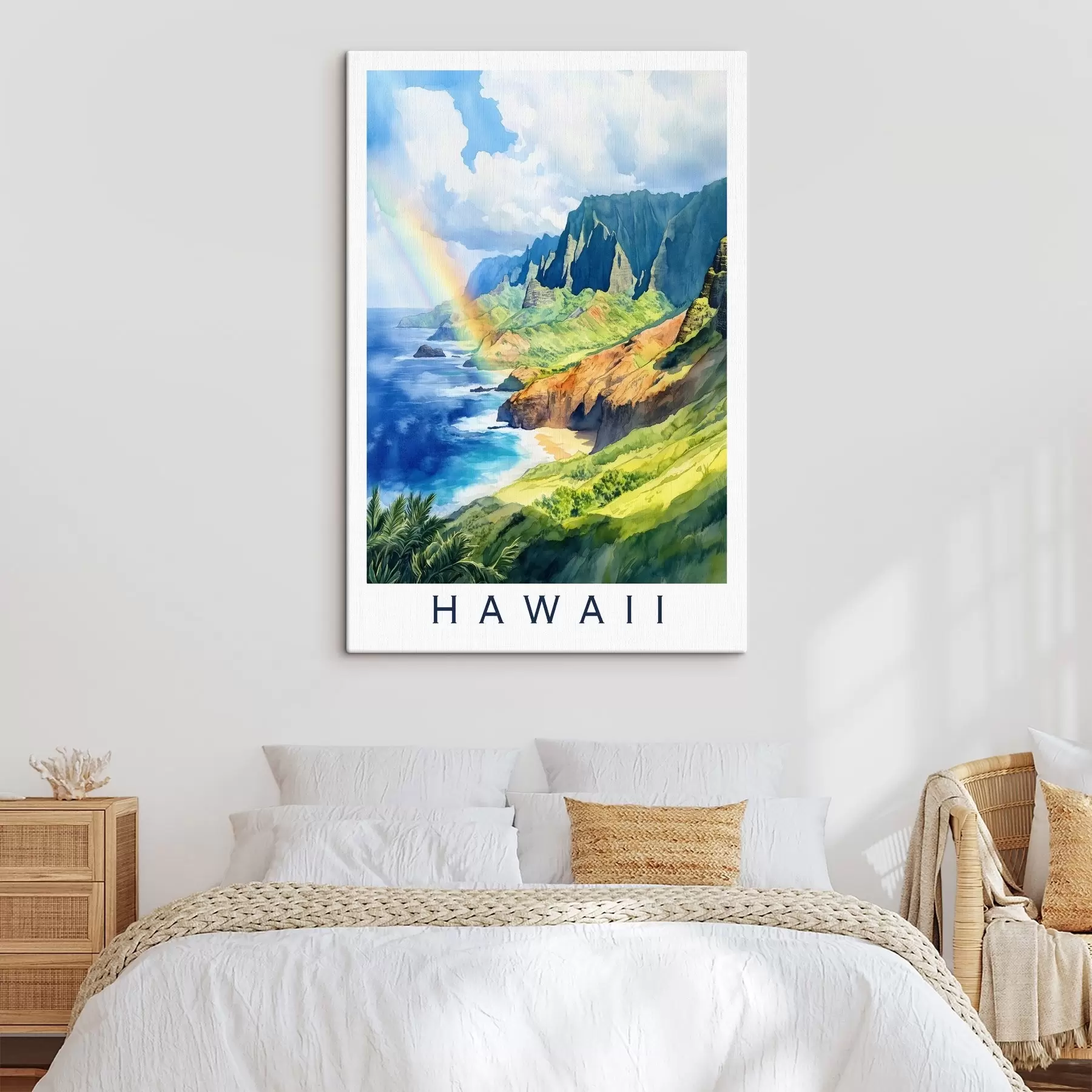 Obraz Hawaje, akwarela, tęcza, zielone góry, ocean s44141